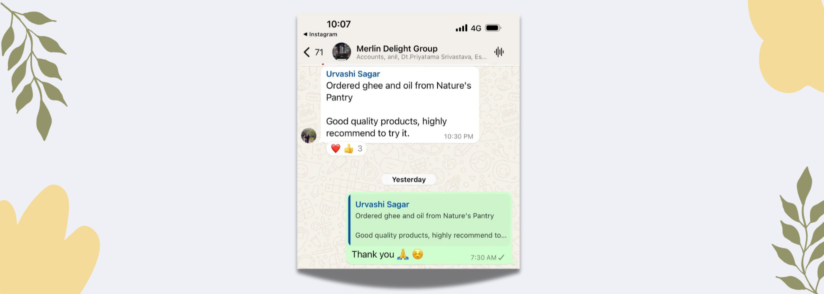 Urvashi Sagar Customer review: Ordered ghee and oil from Nature's Pantry. Good quality products, highly recommend to try it. The Nature's Pantry: Thank you.